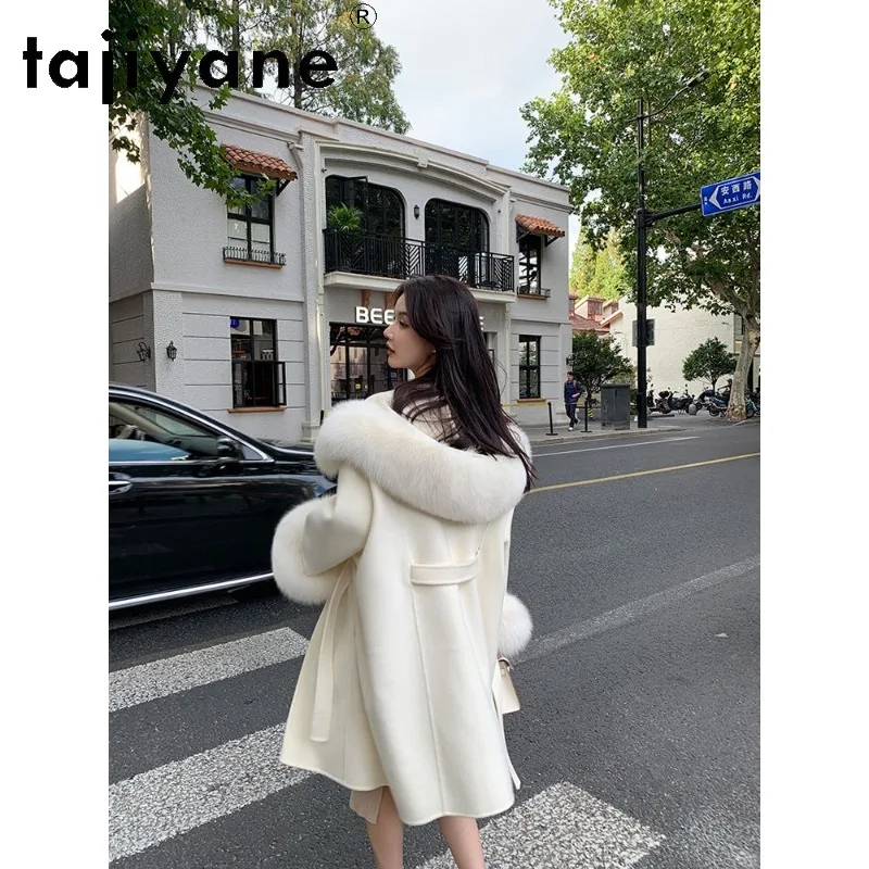 TAJIYANE 100% Sheep Wool Coat Women Hooded Winter Coat Fox Fur Collar Coats for Women Clothing Long Cape Coats Пальто Женское