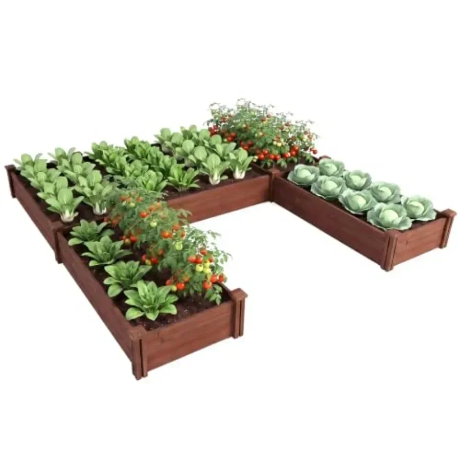 U-Shaped Raised Garden Bed, 5-Section Wooden Garden Planter, Brown
