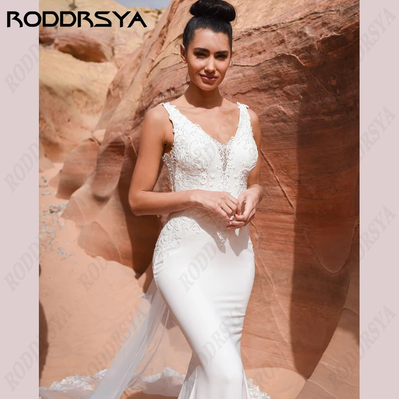 RODDRSYA-vestidos de novia de sirena para mujer, ropa de satén suave, Sexy, con cuello en V, sin mangas, Espalda descubierta, para playa-vestidos de novia de sirena para mujer, ropa de satén suave, Sexy, con cuello en