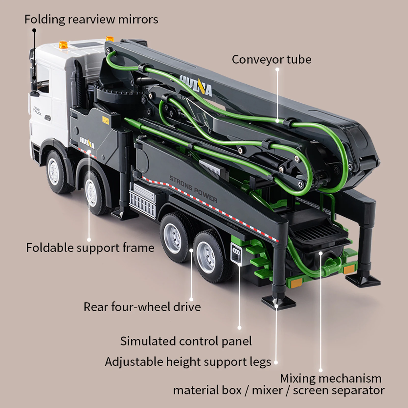 콘크리트 펌프 트럭 장난감, 2.4G 무선 조종 다이캐스트 건설 차량, 작동하는 워터 펌프, 조명 및 소리 기능 포함, 남아용