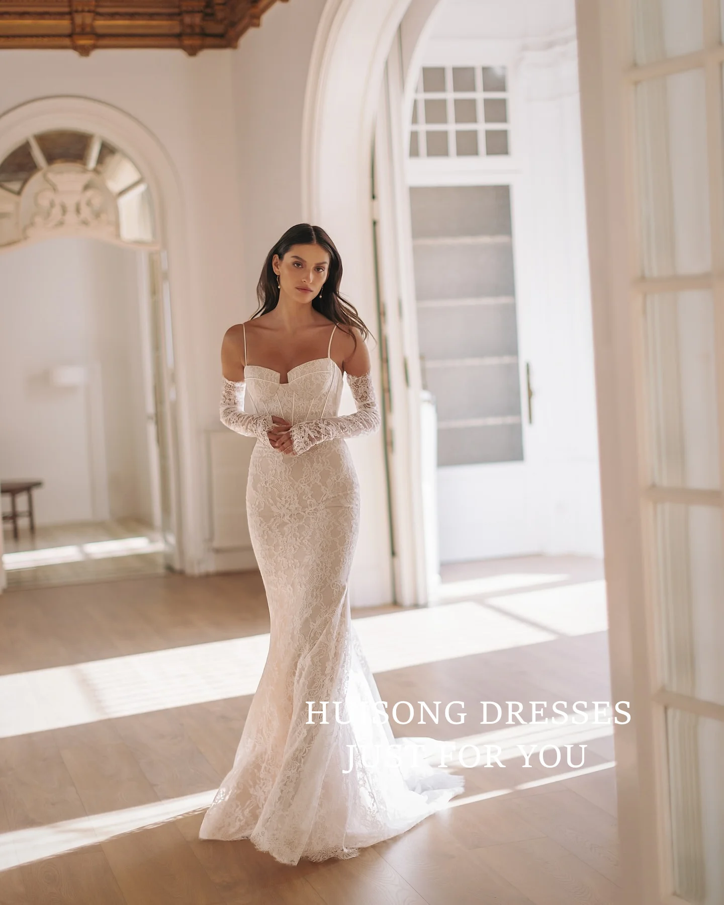 

HUISONG Customized Lace Appliques Boho Mermaid Wedding Dresses Sweetheart Long Sleeves Princess Bridal Gown vestidos de novia