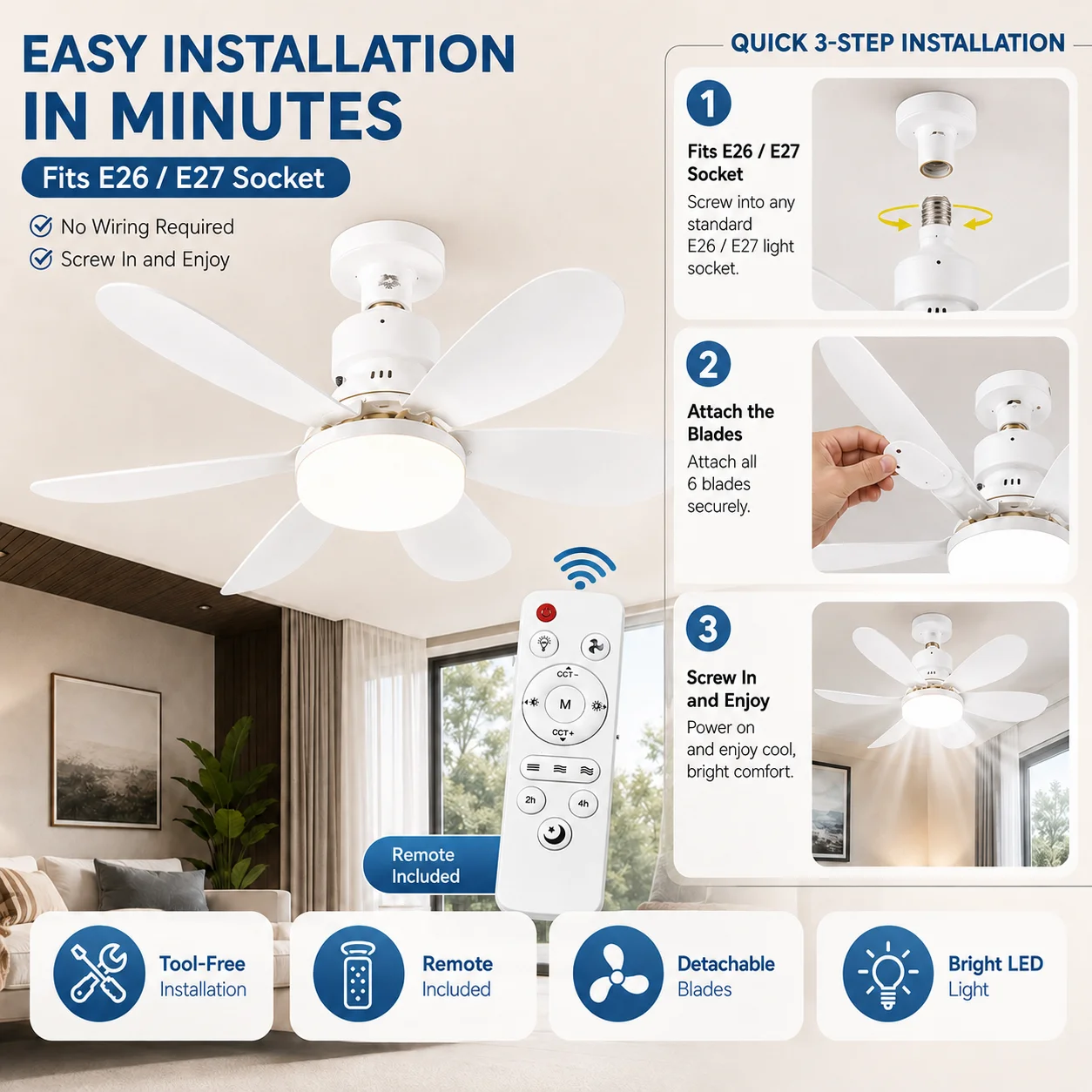 20.5인치 E27 LED 천장 선풍기 조명, 리모컨  - Voice Control Light Bulb 리뷰 및 가격