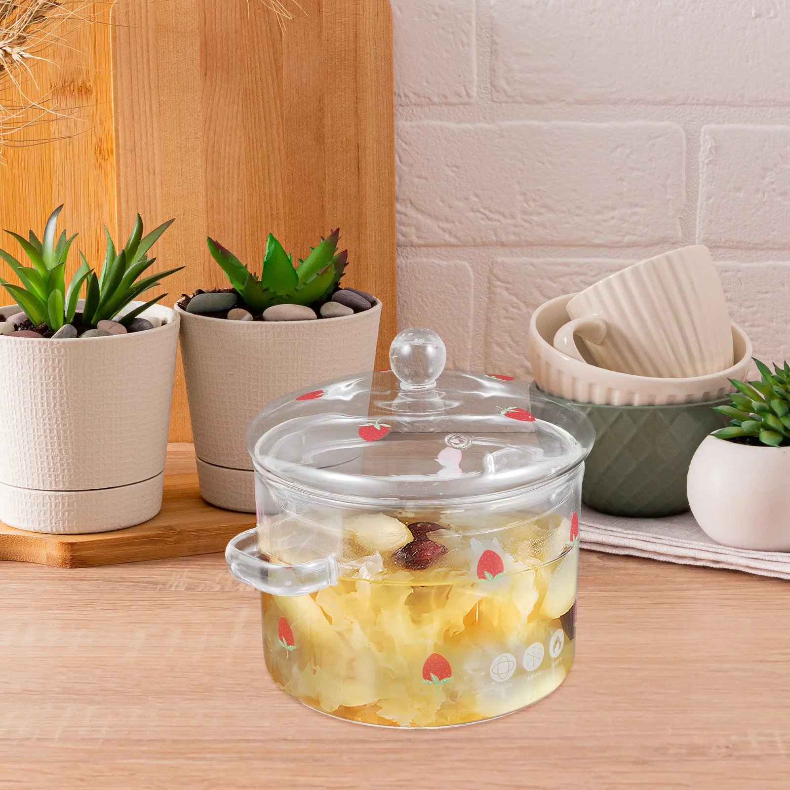 

Clear Serving Bowl 1900ml Double Handle Borosilicate Glass Pot Lid Stove Top Cooking Stewing Soup Simmering Small Simmer Pot