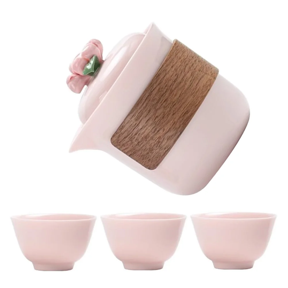 

Pink Ceramic Travel Tea Set Handmade Floral Design Portable Insulated Teapot Cup for Business Gift Outdoor Office Use