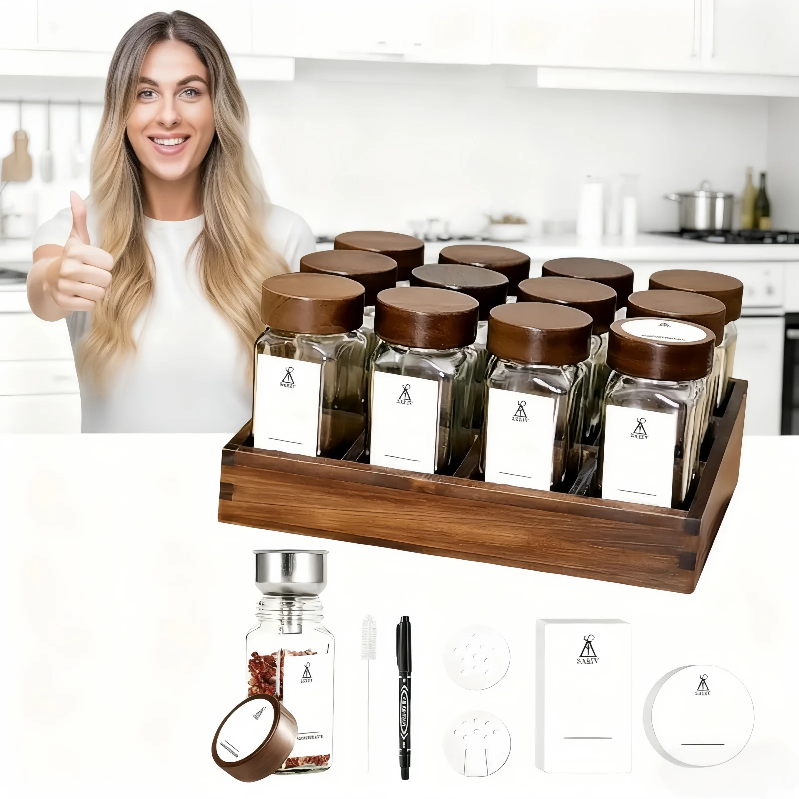Saeiv 12/24 kruidenpotjes, met elegant acaciahout dienblad kruidenrek, houten kruidenrek + 120 ml vierkante kruidenpotjes, kruidenetiketten, natuurlijke kruidenopbergdoos