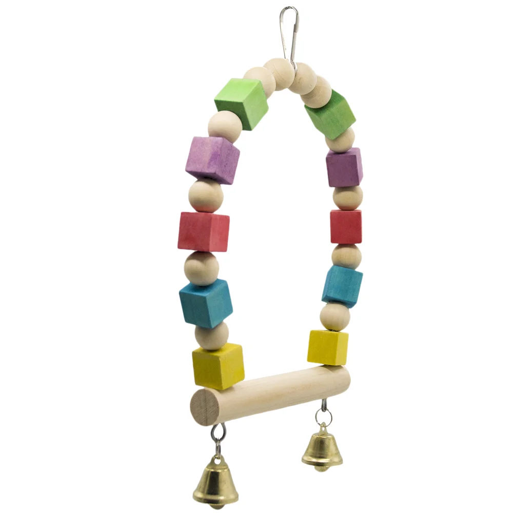 

Parrot Swing Toy Wooden Parrot Swing Hanging Bird Stand Parrot Toy Pendant with Small Bells for Cage Garden