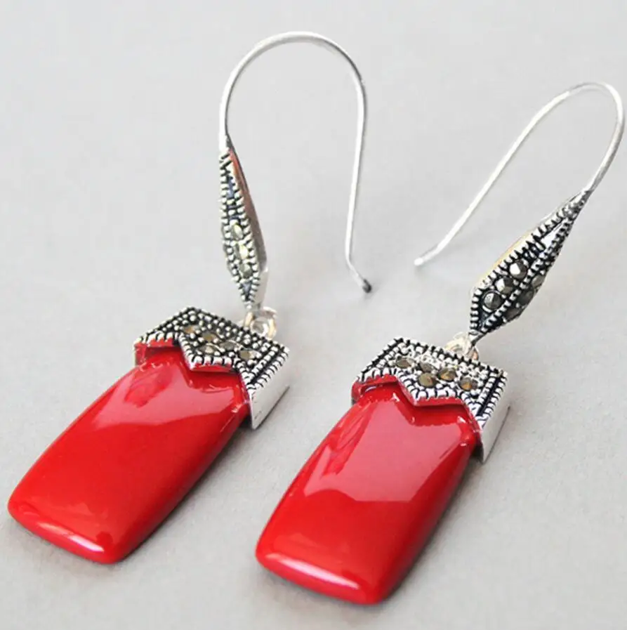 

Jewelry NICE VINTAGE RED CORAL 925 SILVER & MARCASITE EARRINGS 2inch