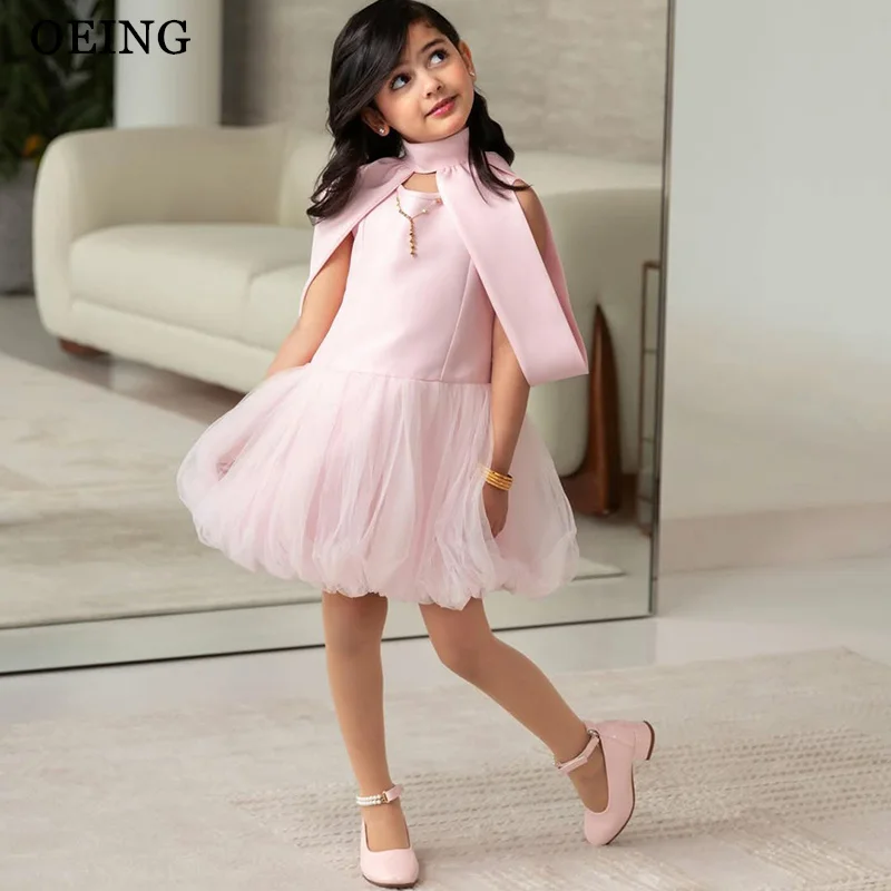 

OEING Simple Pink A-Line Flower Girl Dresses High Neck Capelet Satin Tulle Princess Dress Mini Girl Party Dresses Customized