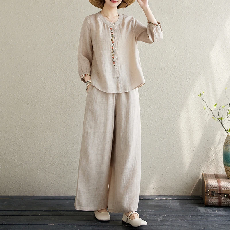 

Faionable Embroidered Loose Casual irt And Pants Two-Piece Set Mommy Wear Summer Cotton Clothing Long Pants Seven Sve
