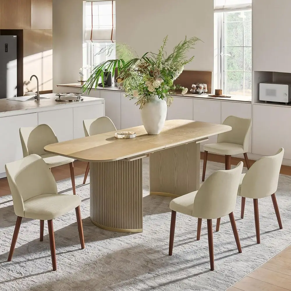 

Set of 6 Modern Upholstered Dining Chairs with Curved Padded Back and Wooden Legs, Ivory