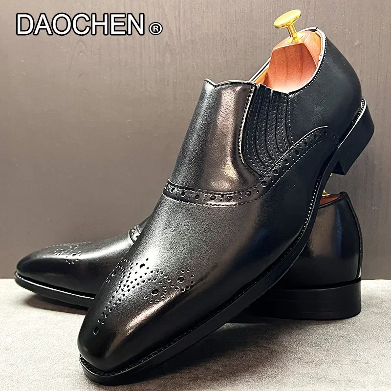 LUXURY BRAND MEN'S SHOES BLACK BROWN CASUAL DRESS MENS SHOES SLIP ON WEDDING OFFICE BUSINESS GENUINE LEATHER LOAFERS MEN