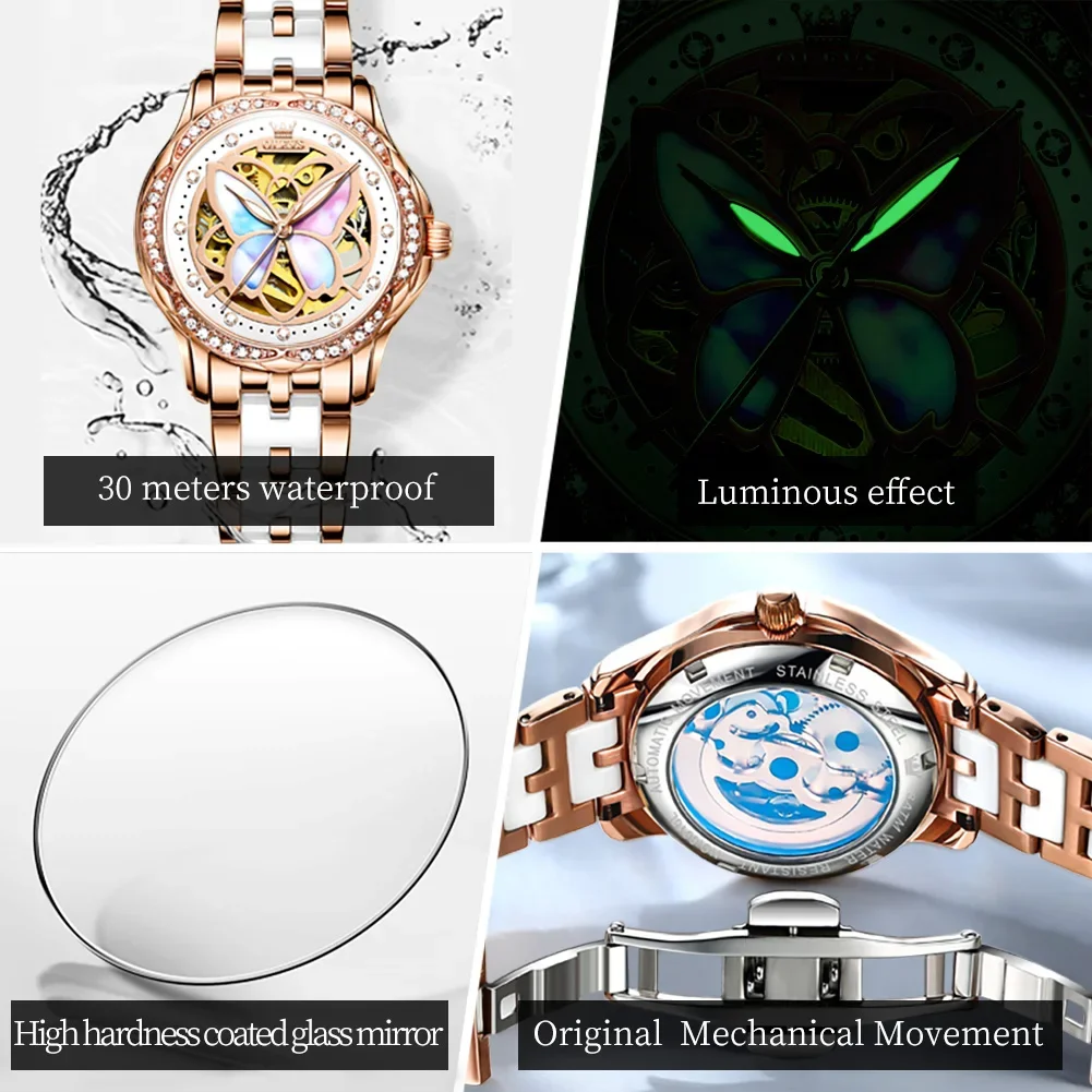 High Quality Luxury Automatic Mechanical Women Watch Ceramics Strap Tourbillon Dial Waterproof Luminous Women\'s Wristwatch Reloj