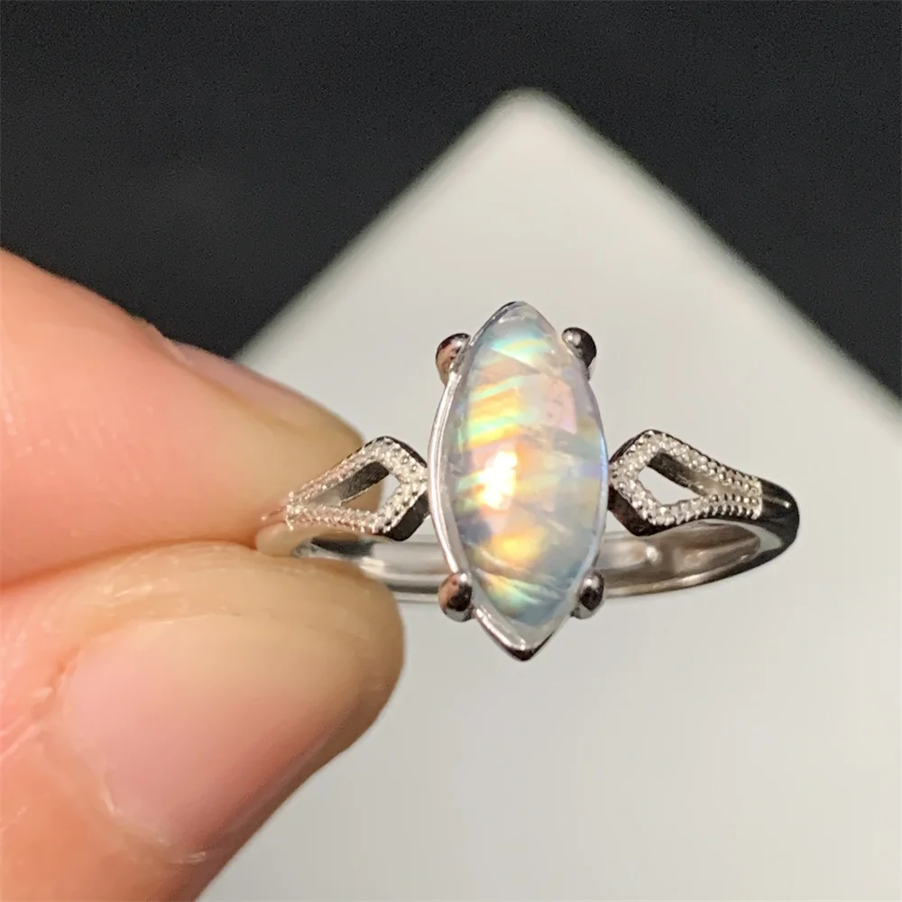 الطبيعية الملونة البرتقال ضوء Moonstone خواتم النساء WaterDrop الحصان العين الأزرق قوس قزح القمر حجر حبة شفافة 925 خاتم فضة