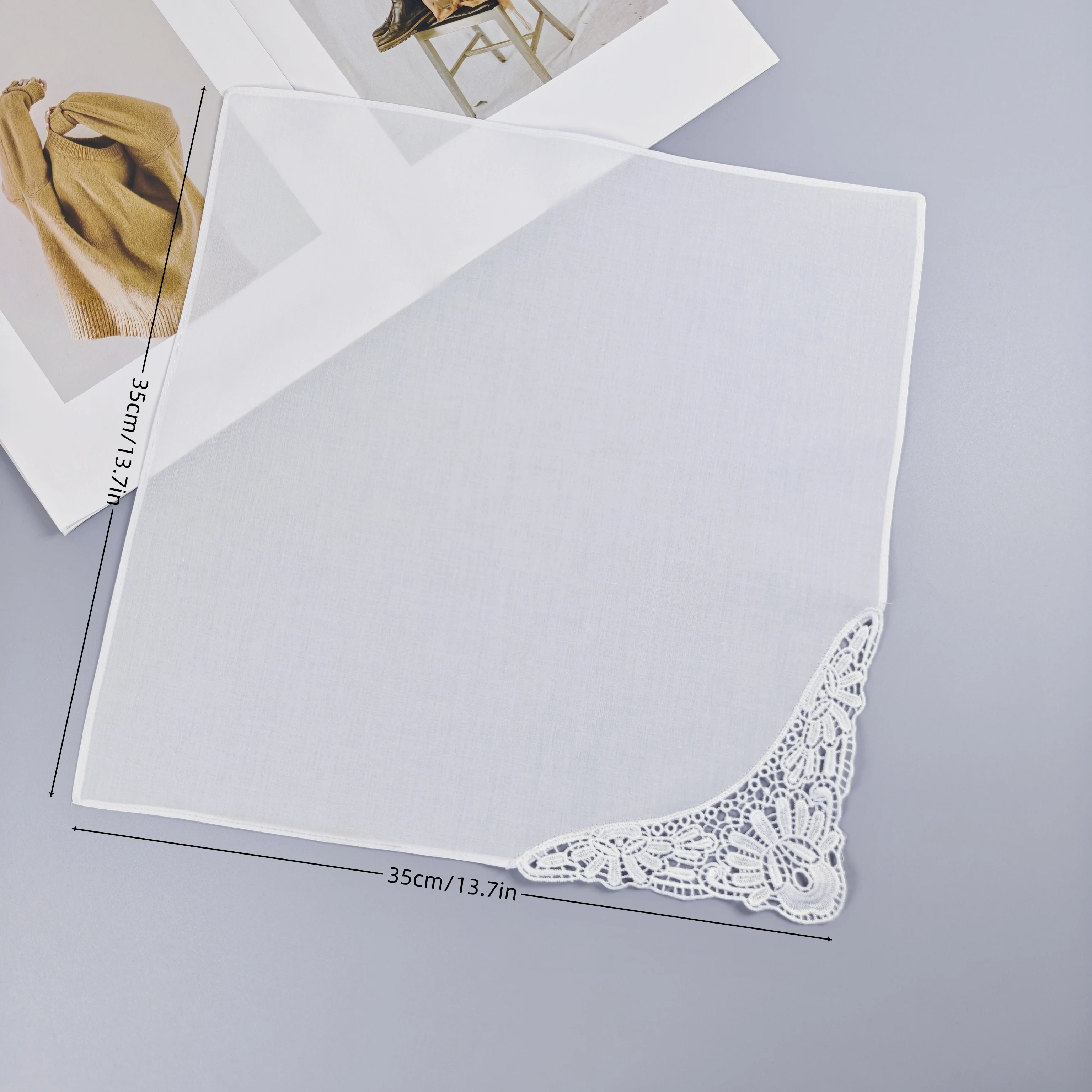 35CM/13,7 Zoll reinweißes, hochdichtes Baumwoll-Spitzen-Taschentuch für Brautjungfernkleider, Hochzeitsdekoration, 2 Stück in der Packung. – Detail 3