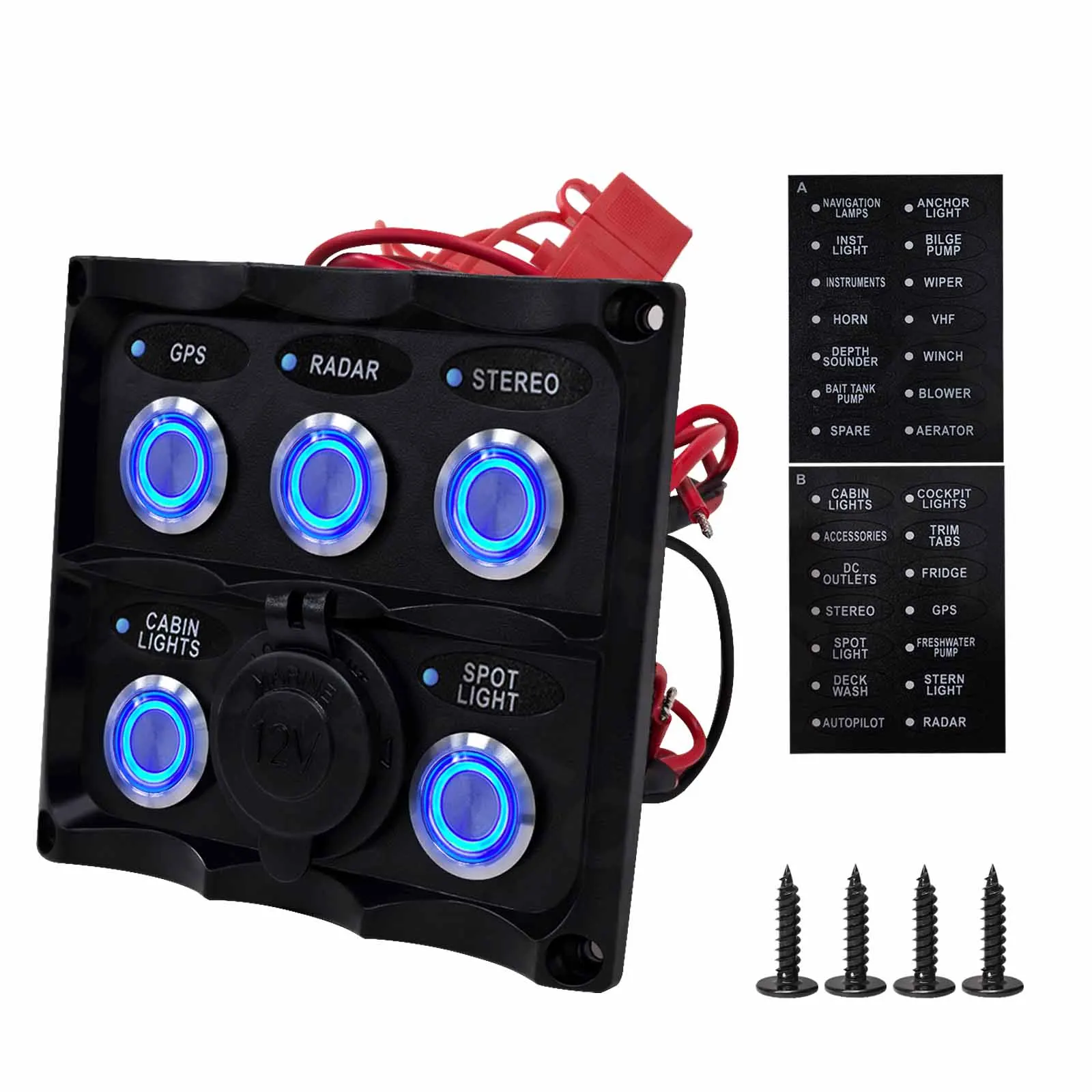 12V/24V Marine Boat Car RV Dashboard Switch Panel with Blue LED Cigarette Lighter Socket–Pre-wired for Truck 4x4 Off-Road Jeep