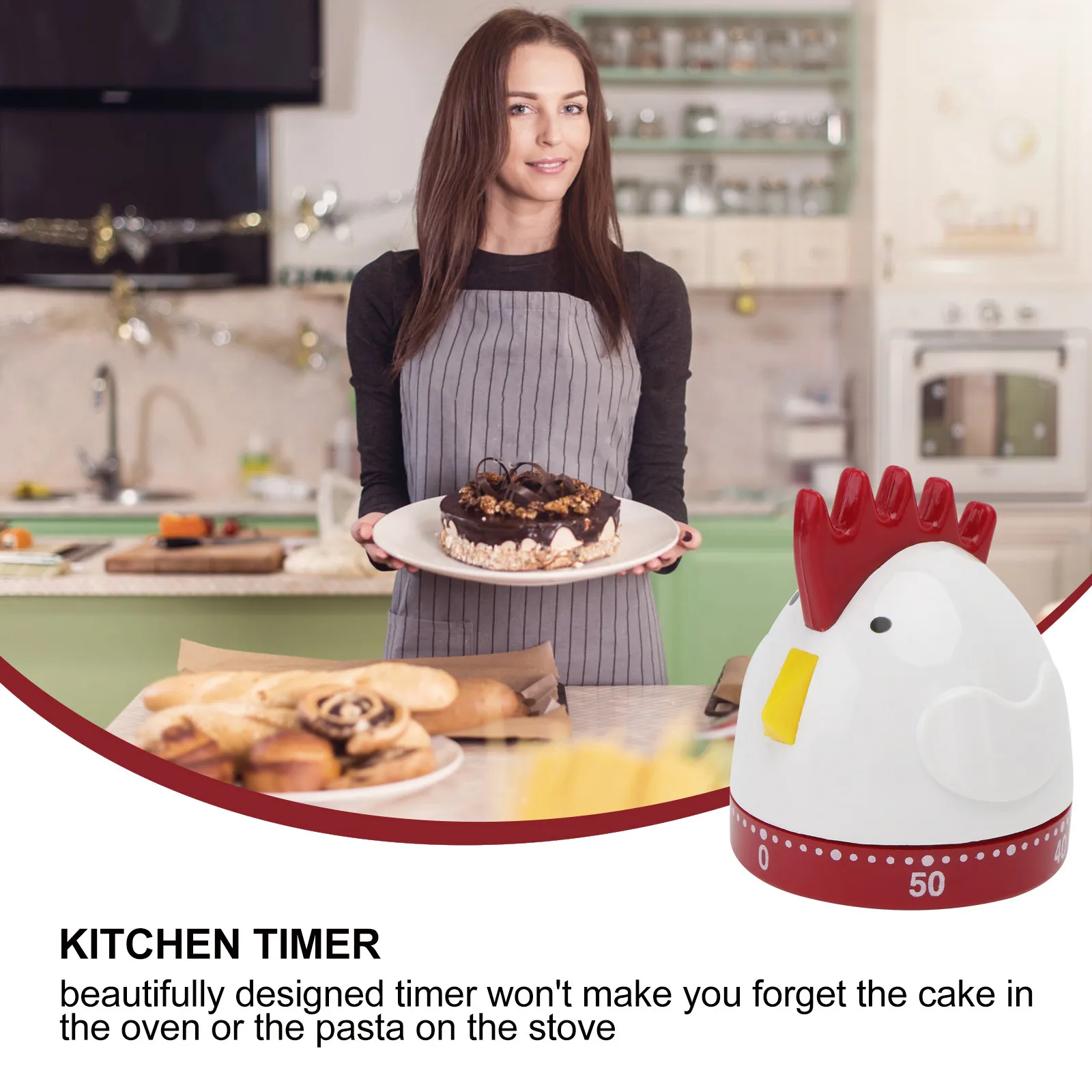 1Pcs Mechanical Kitchen Timer Cartoon Rooster Design Easy One Button Operation Cooking Baking Reminder Countdown Timer for Home