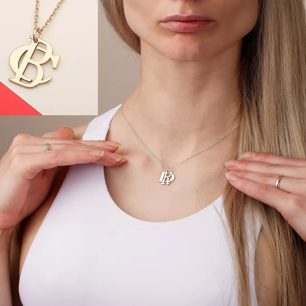 

Custom Two Letter Necklace For Women Two Initials Double Interlocking Letter Pendant Couple Necklaces Stainless Steel Jewelry