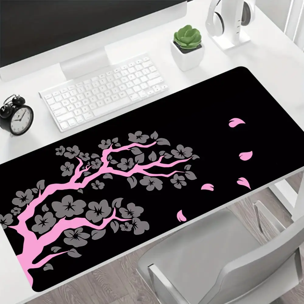 لوحة ماوس ألعاب كبيرة مقاس XXL، تصميم بنمط زهر الكرز الياباني، حواف مخيطة، مناسبة للمكتب والمنزل، ملحقات الألعاب