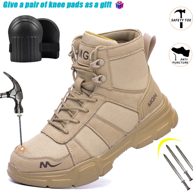 أحذية رجالية غير قابلة للتدمير من الصلب عند أصابع القدم أحذية غير قابلة للانزلاق ومضادة للثقب للتسقيف لجميع المواسم في الهواء الطلق تمنح زوجًا من وسادات الركبة كهدية
