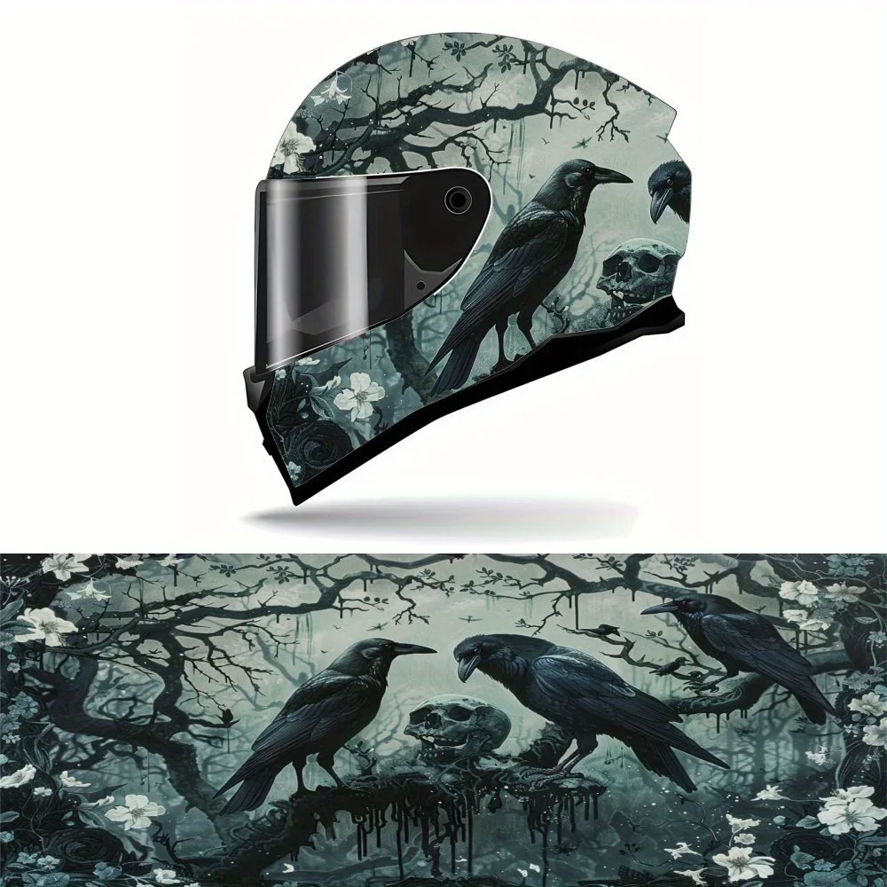 Gráficos Temáticos de Conversação Assustadora com Corvo Preto e Flor Branca, Adesivos para Capacete de Motocicleta - PVC Durável; Capacete de Corrida 