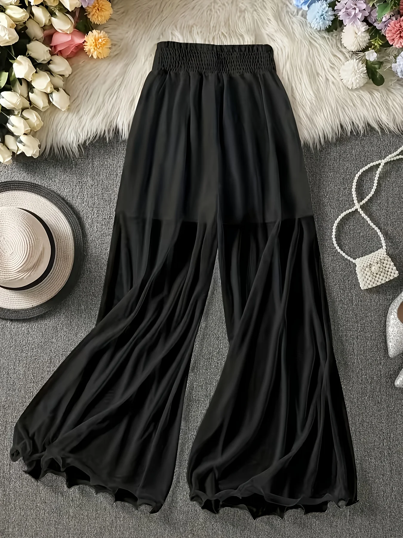 Women's Plus Size Summer Black Wide-Leg High-Waisted Flowy Lightweight Sheer Dress Pants Casual Sun Protection Pants
