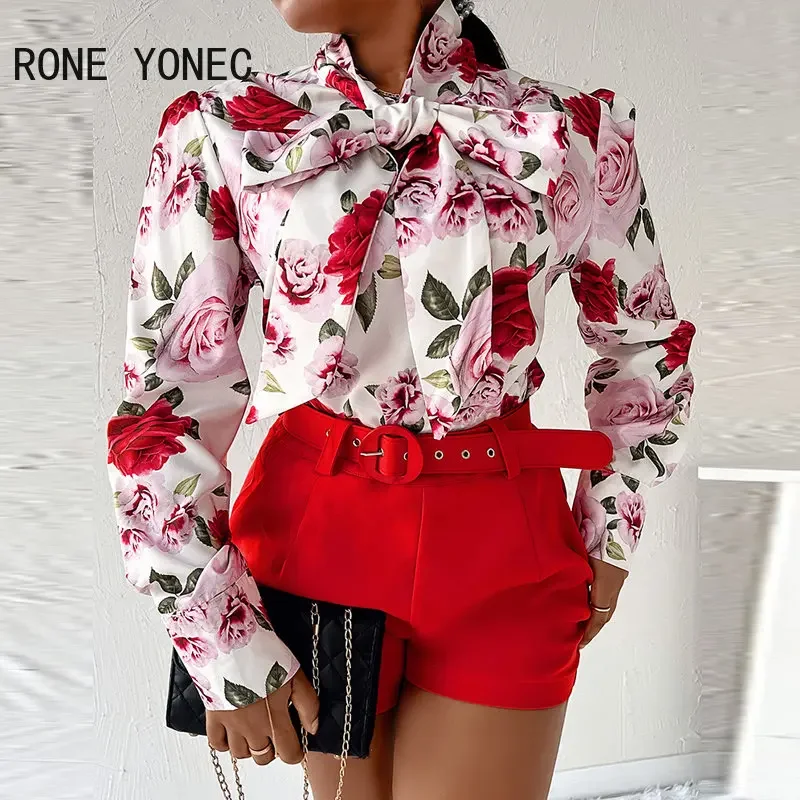 Women Casual Allover Floral Print Top & Solid Bottom Long Puff Sleeves with Belt Short Sets