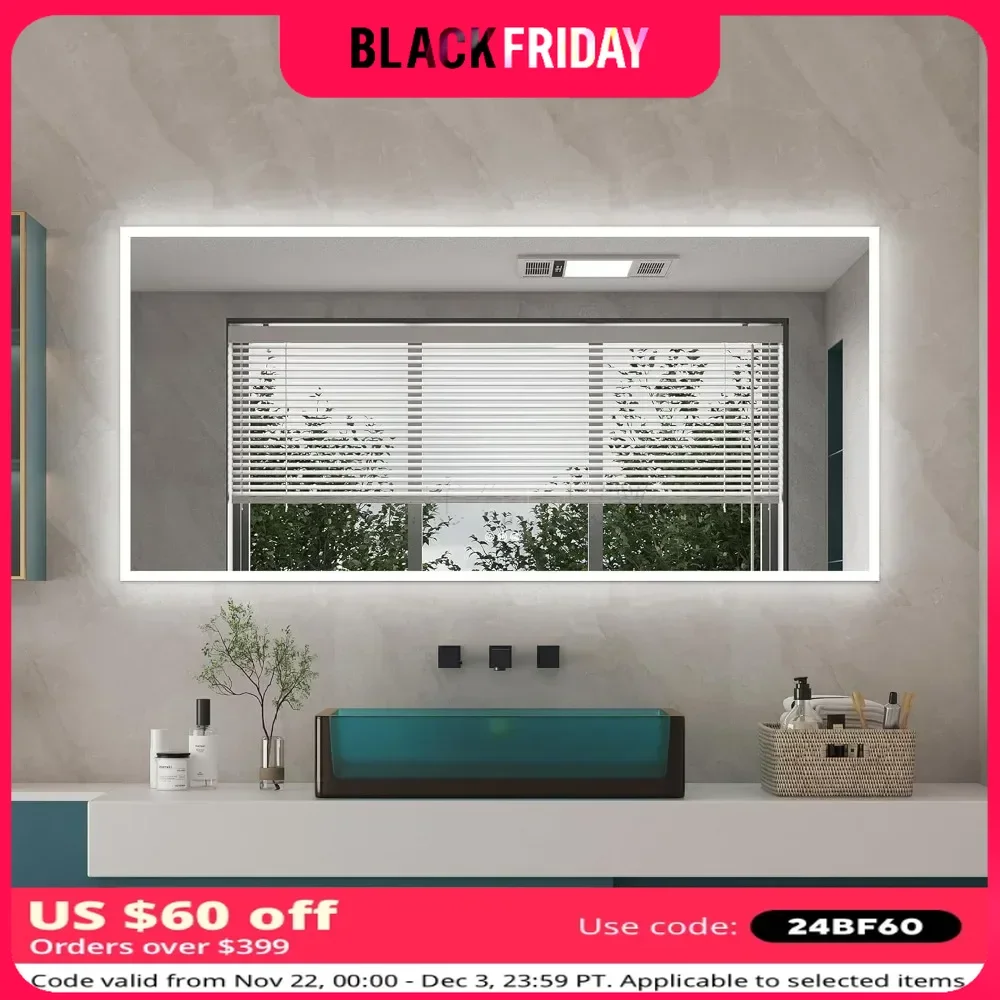 

60W x 28L LED Bathroom Mirror with Lights, PMMA Diffuser, Anti Fog Led Vanity Mirror for Bathroom, Vertical/Horizontal Mounted