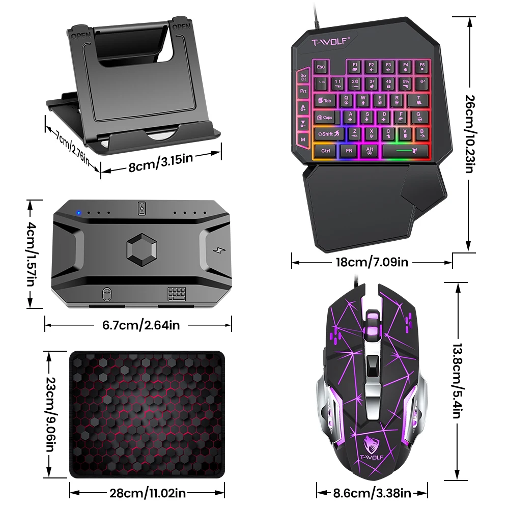 T-WOLF Gaming Keyboard Mouse Converter 5 In 1 Set Mobile Game Controller for PUBG Mobile Phone Tablet iOS Android