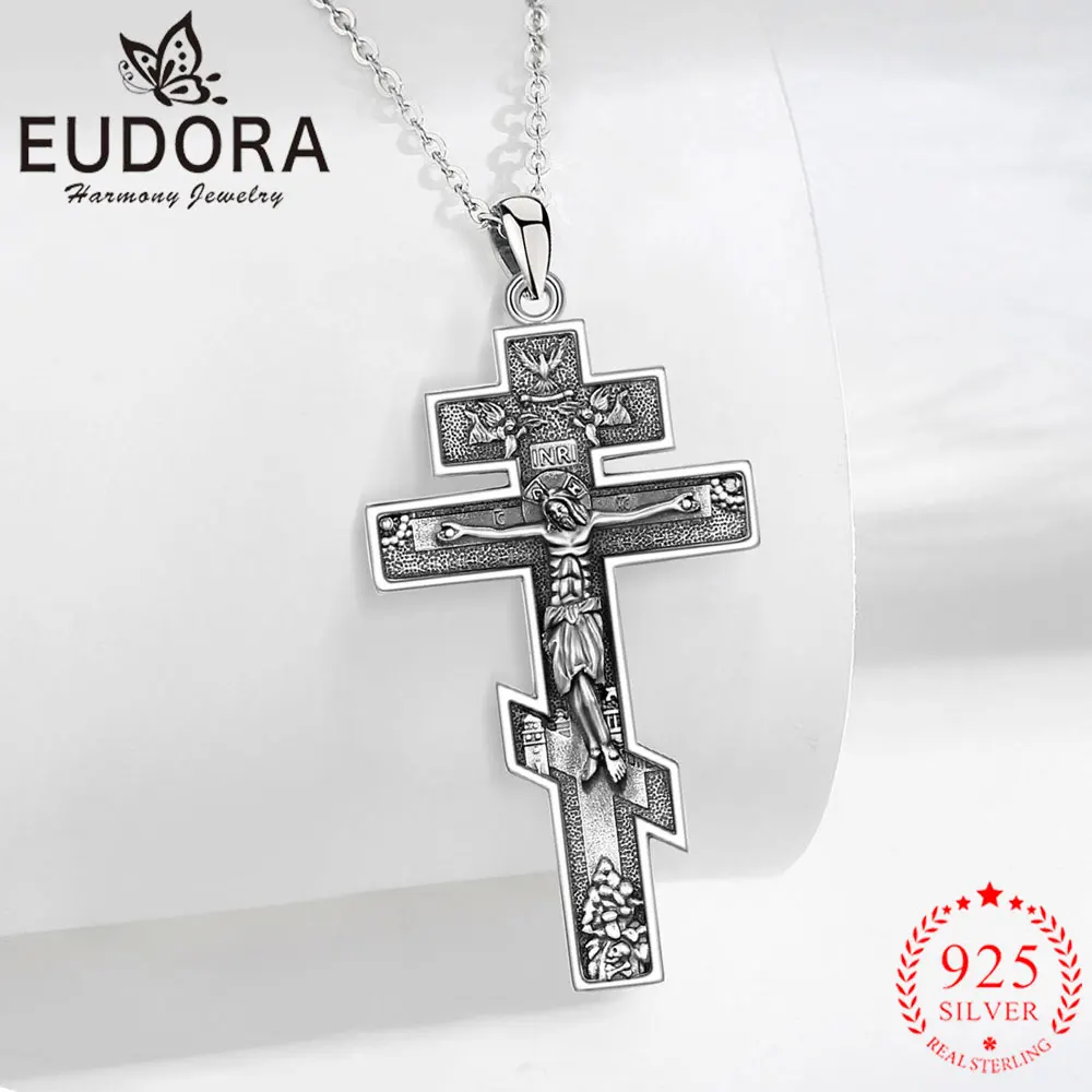 Eudora Orthodox Cross Necklace 925 Sterling Silver Jesus Pendant Christian Amulet Protection Jewelry Fine Gift for Men Woman