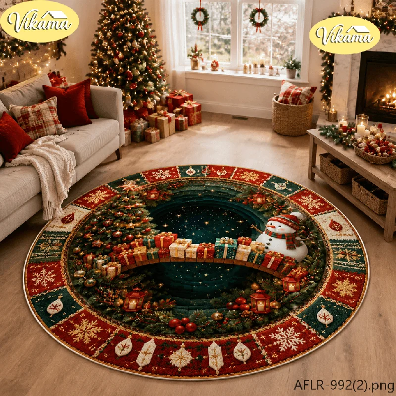 Round Christmas Rug, Snowman Design for Under the Tree, Non-Slip Living Room and Bedroom Carpet, Festive Holiday Home Decor