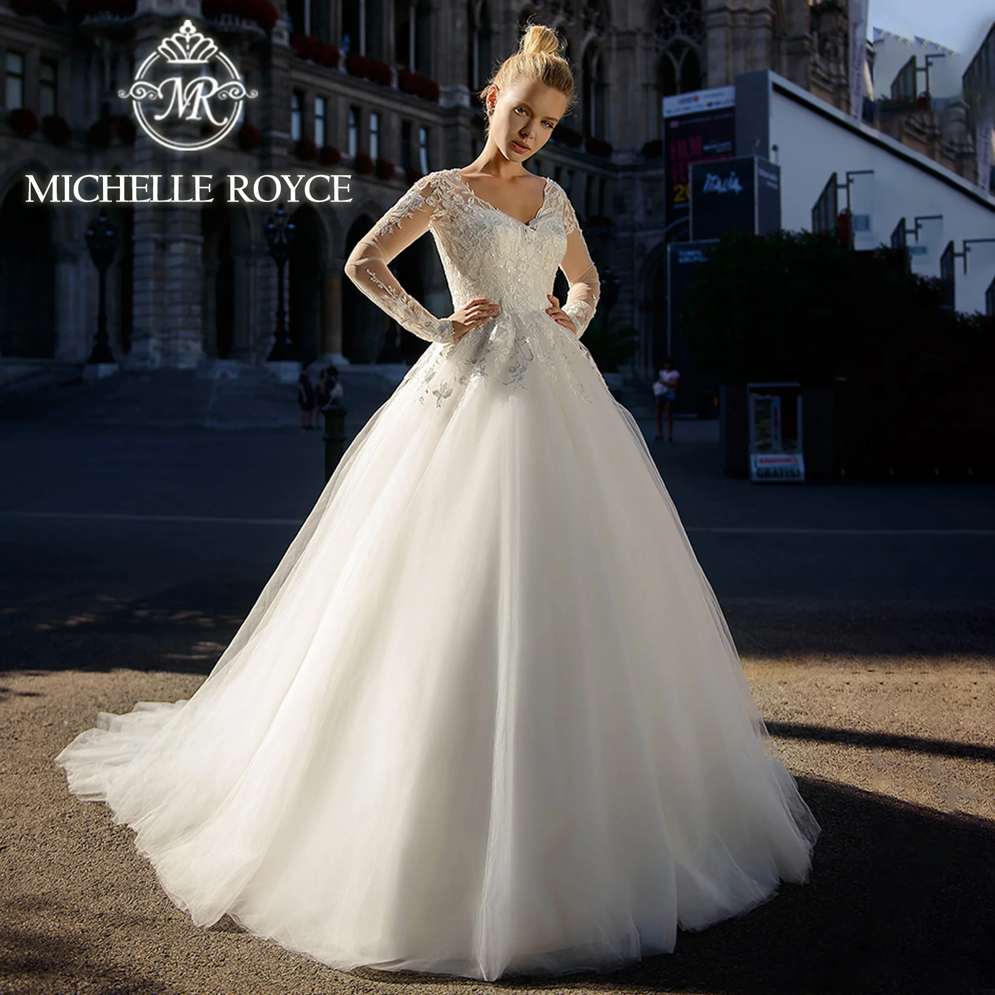 

Michelle Royce Long Sleeves Ball Gown Wedding Dress 2024 Bride Embroidery Sequined Backless Royal Wedding Gown Vestidos De Novia