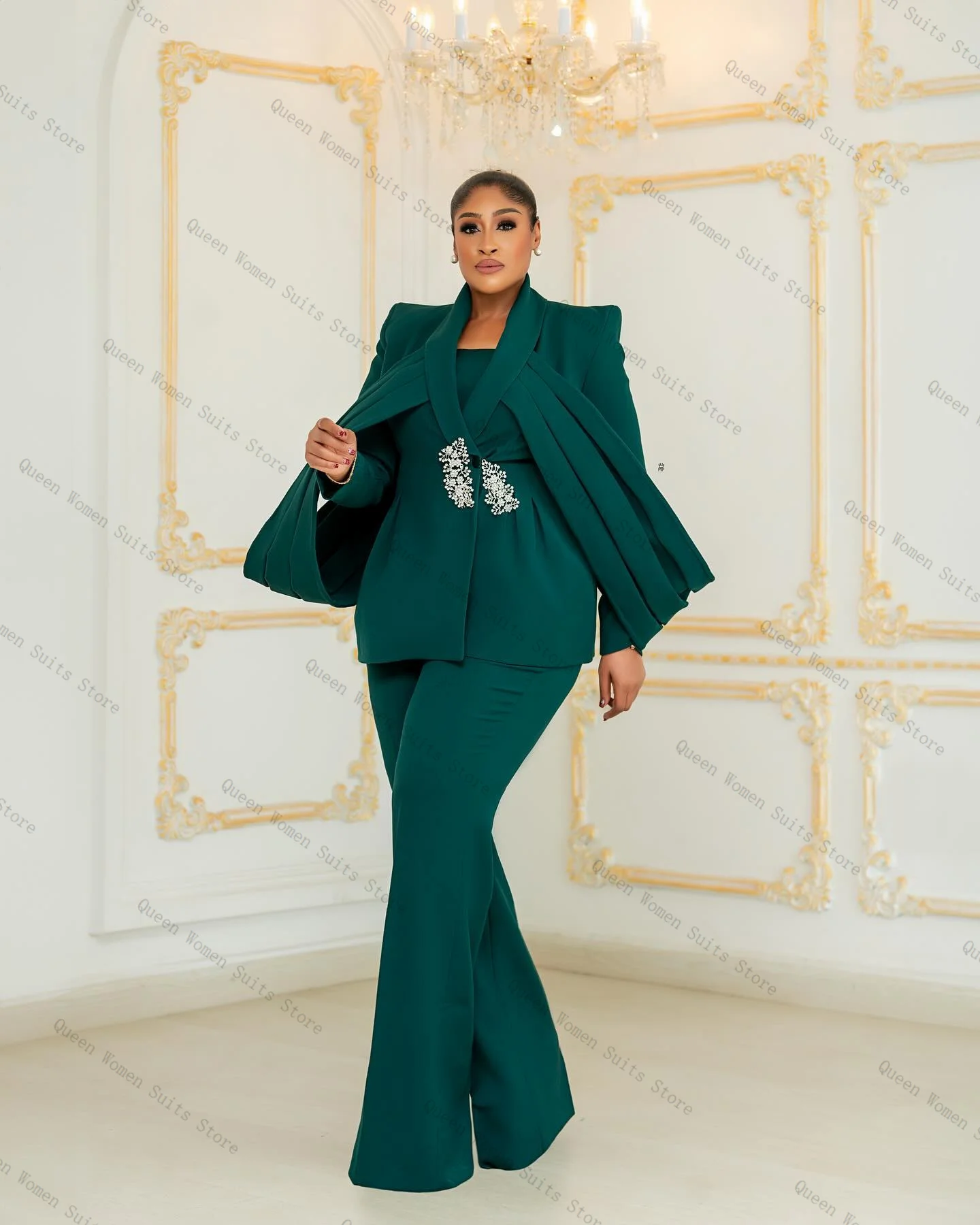 Donkergroene vrouwen pak set 2-delige blazer + broek broek luxe formele kantoor dame jas katoen bruiloft bruid jas aangepast