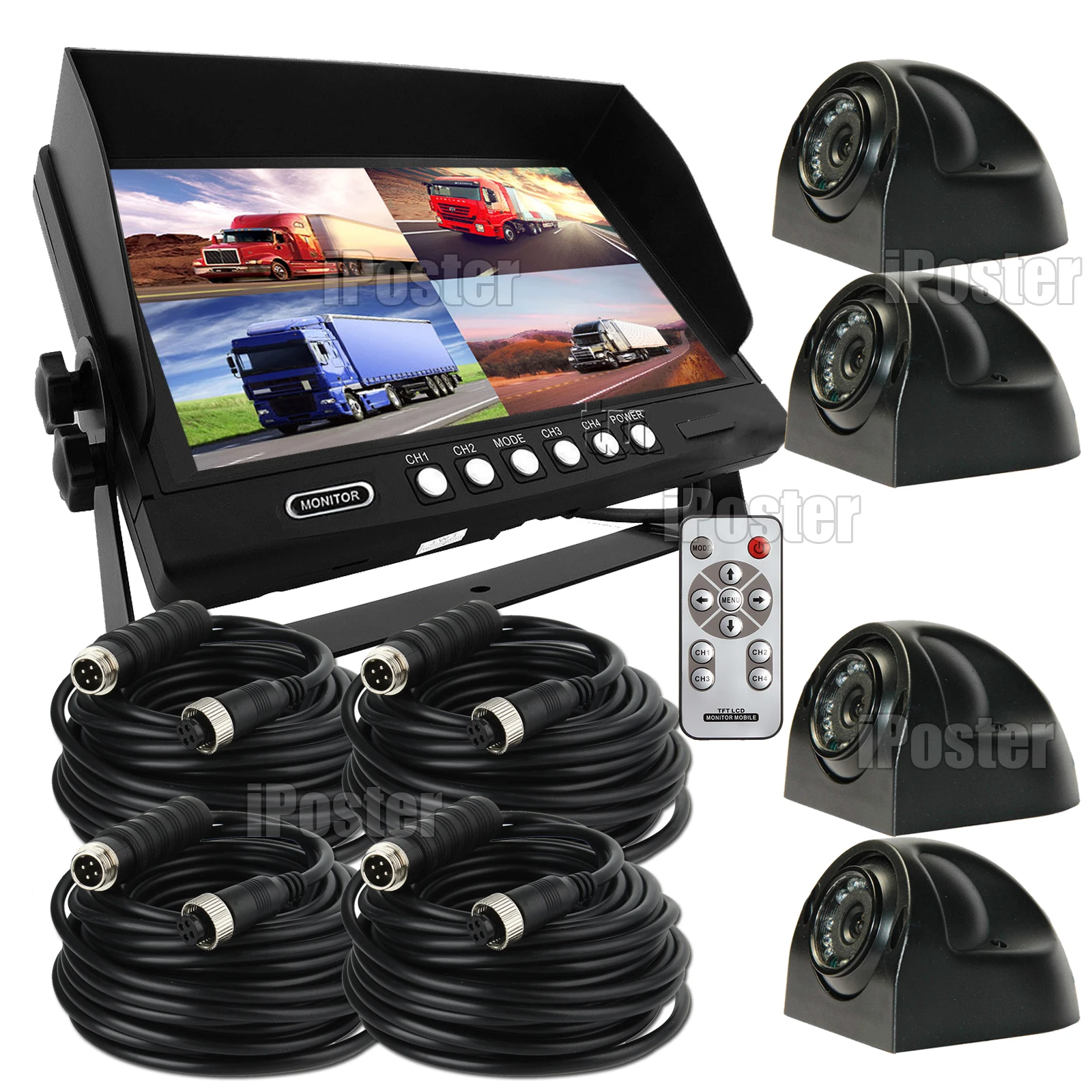

4 Channel 9" Car Quad Reverse Monitor + 4* 24 IR LED Color CCD Truck Rear View Camera