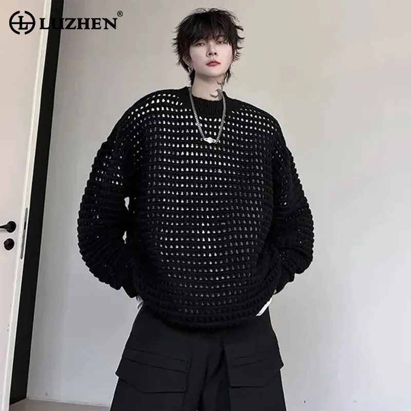 LUZHEN Fashion Mesh Hollow Design Knitted Sweater 2024 New Original Baggy Thermal Trendy Street High Quality Men Clothes LZ3329