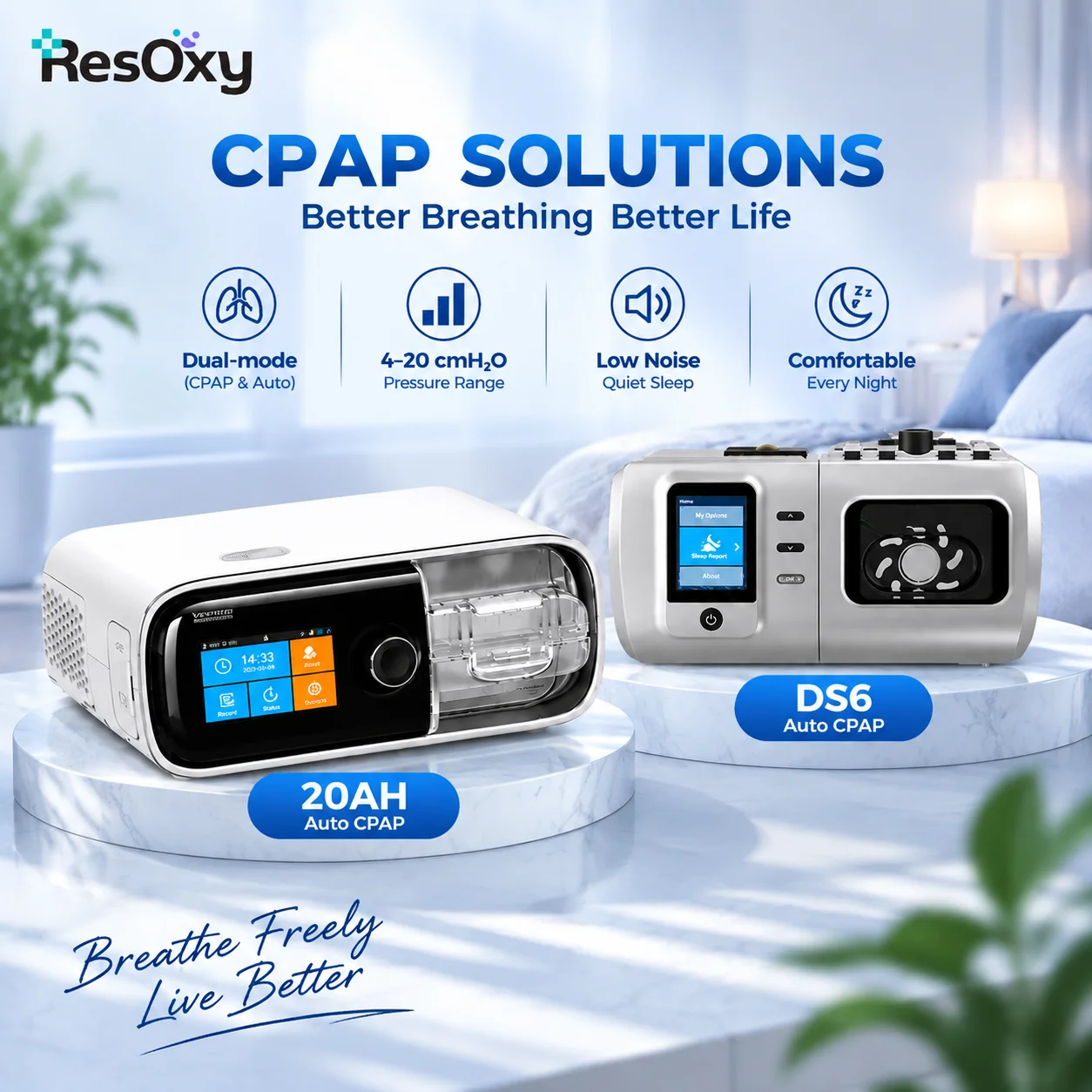 Resoxy DS6/20AH Auto CPAP Machine Automatic Pressure Adjustment Device 28dB Low Noise with SD-card For Home Travel Sleep