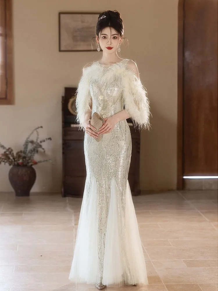 Off-the-shoulder light luxury niche heavy industry feasting host sequined adult dress