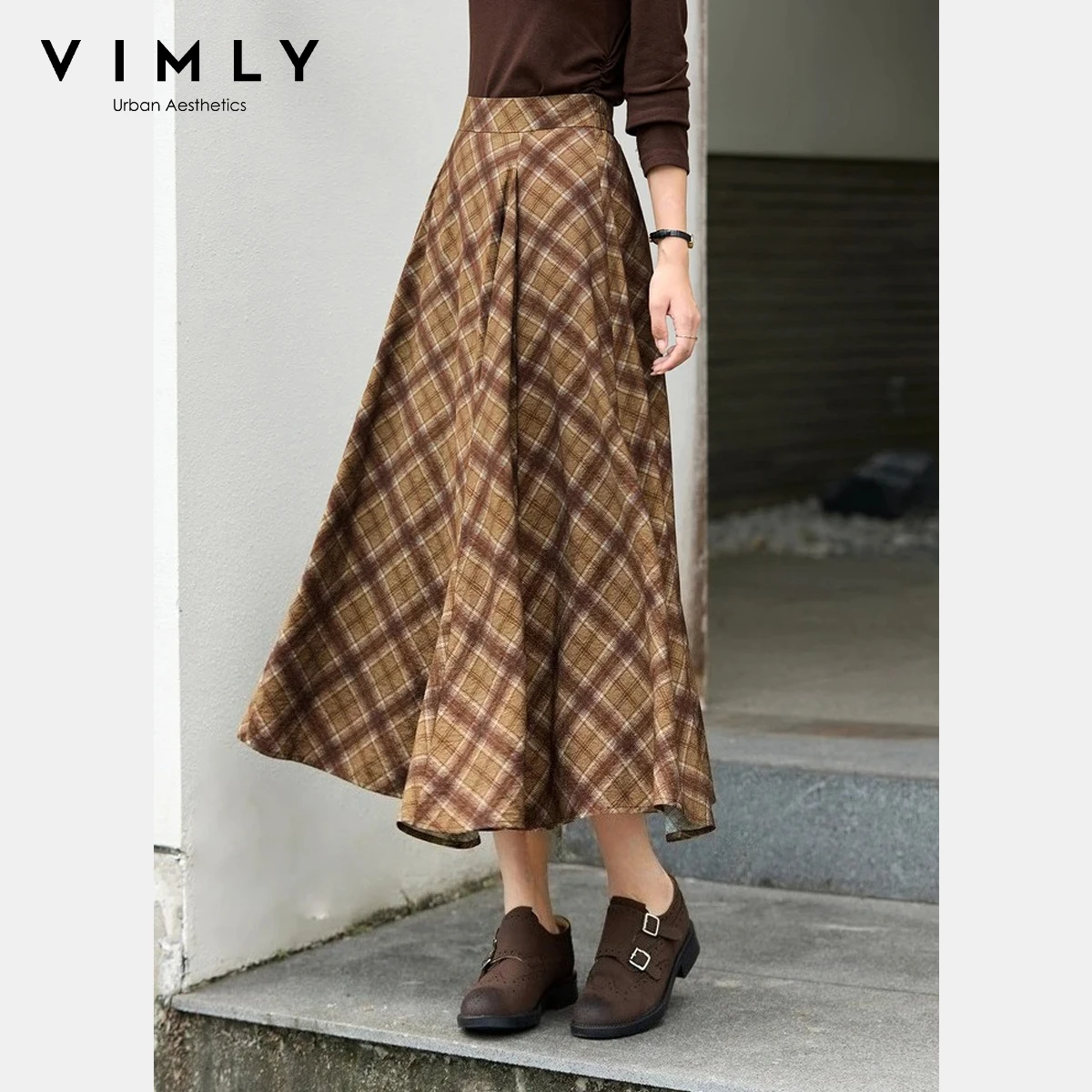 VIMLY Long Skirt Women Casual Plaid Folds A-Line Female Skirts Autumn 2026 Vintage High Waist Zip Up Maxi Ladies Skirts A3790