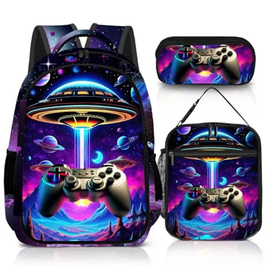 

Game Backpack Set for Boys Gaming Backpack 3 Pack Boys Lunch Box and Pencil Bag for 17