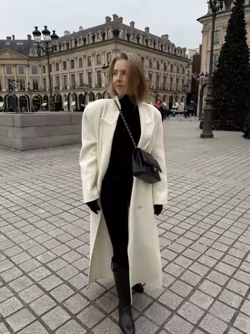 White Lapel Woolen Blazer Jacket Women Casual V-neck Double Breasted Pockets Slim Long Outerwear Autumn Commuting Office Coats