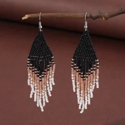 Rice Bead Earrings  Hand knitting  Beaded  Simplicity  Gradient  Rice pearl  Retro Bohemia geometry alloy ma'am Tassel Earrings