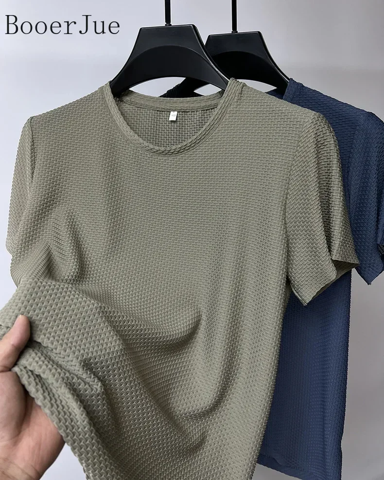 Markenkleidung 6XL Sommer Eisseide Hochwertige Einfarbige Kurzarm-T-Shirts für Herren Atmungsaktives Modisches T-Shirt für Männer – Detail 9