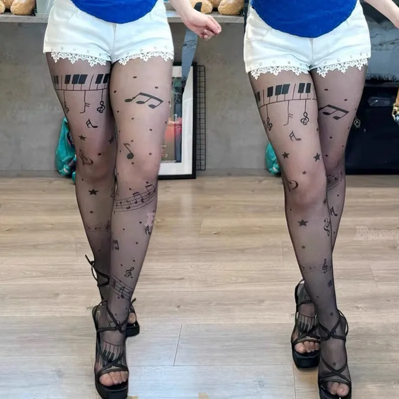

Леггинсы с принтом музыкальных нот, пикантные девушки Y2K, персонализированные тонкие высокоэластичные колготки, чулки, женские модные сексуальные колготки