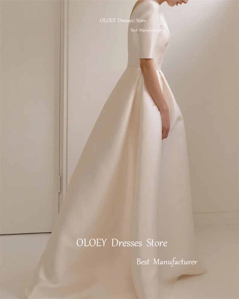 OLOEY Simple A Line Satin Korea Wedding Dresses Half Sleeves Scoop Neck Pockets Floor Length Bridal Gowns Vintage Vestidos