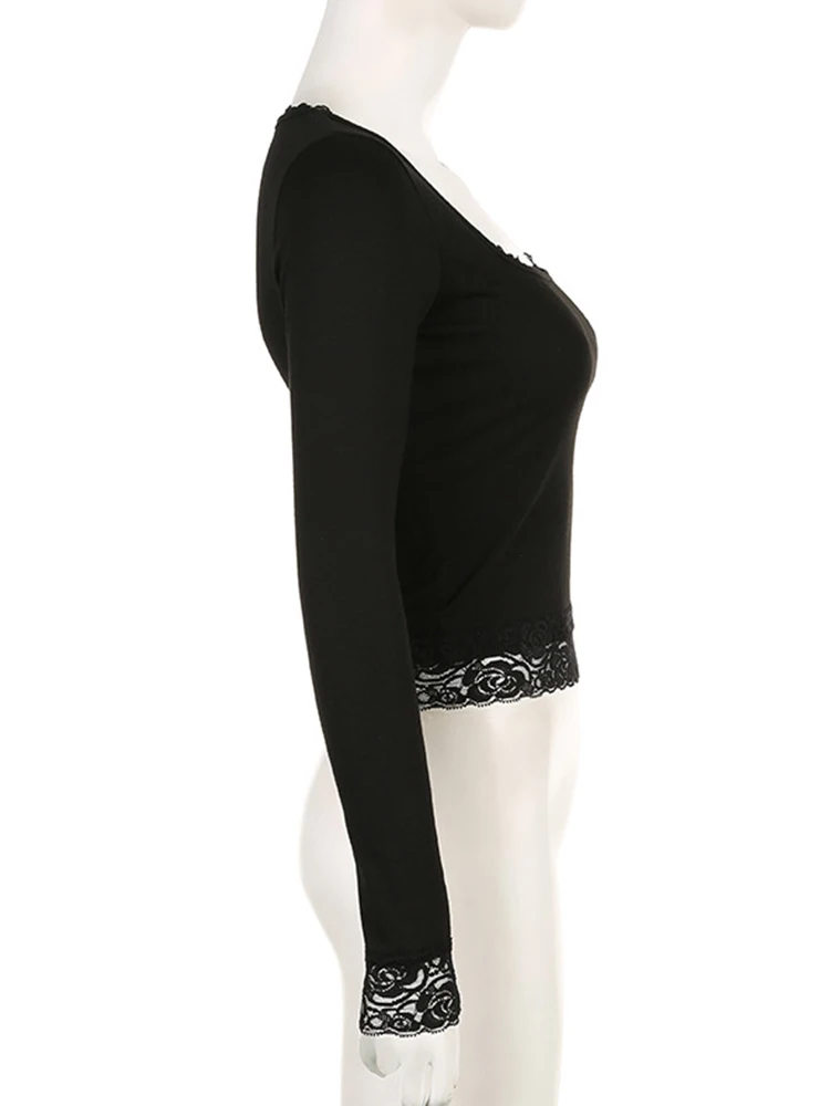 T-shirt grafica anni 2000 Vintage Fata Grunge Donna Autunno Lace Trim Manica lunga Slim Adatto Top y2k Abbigliamento Basic Harajuku Tees