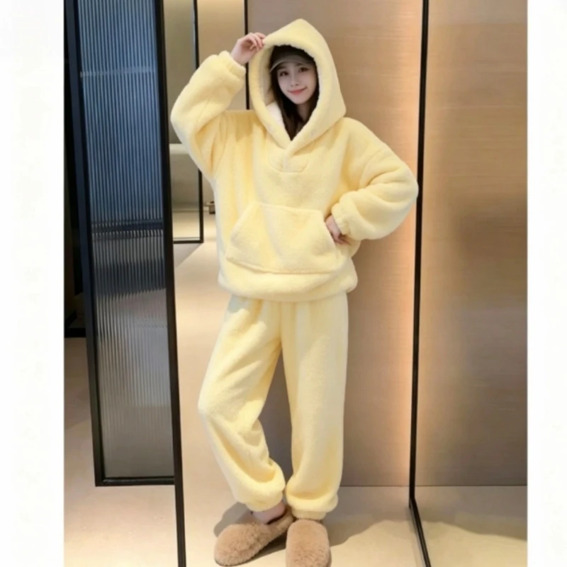 Women Fleece Pajama Set Coral Fleece Thermal Fluffy Soft Hooded Tops+ Pants 2 Piece Yellow Loose Comfort Home Casual Pajamas