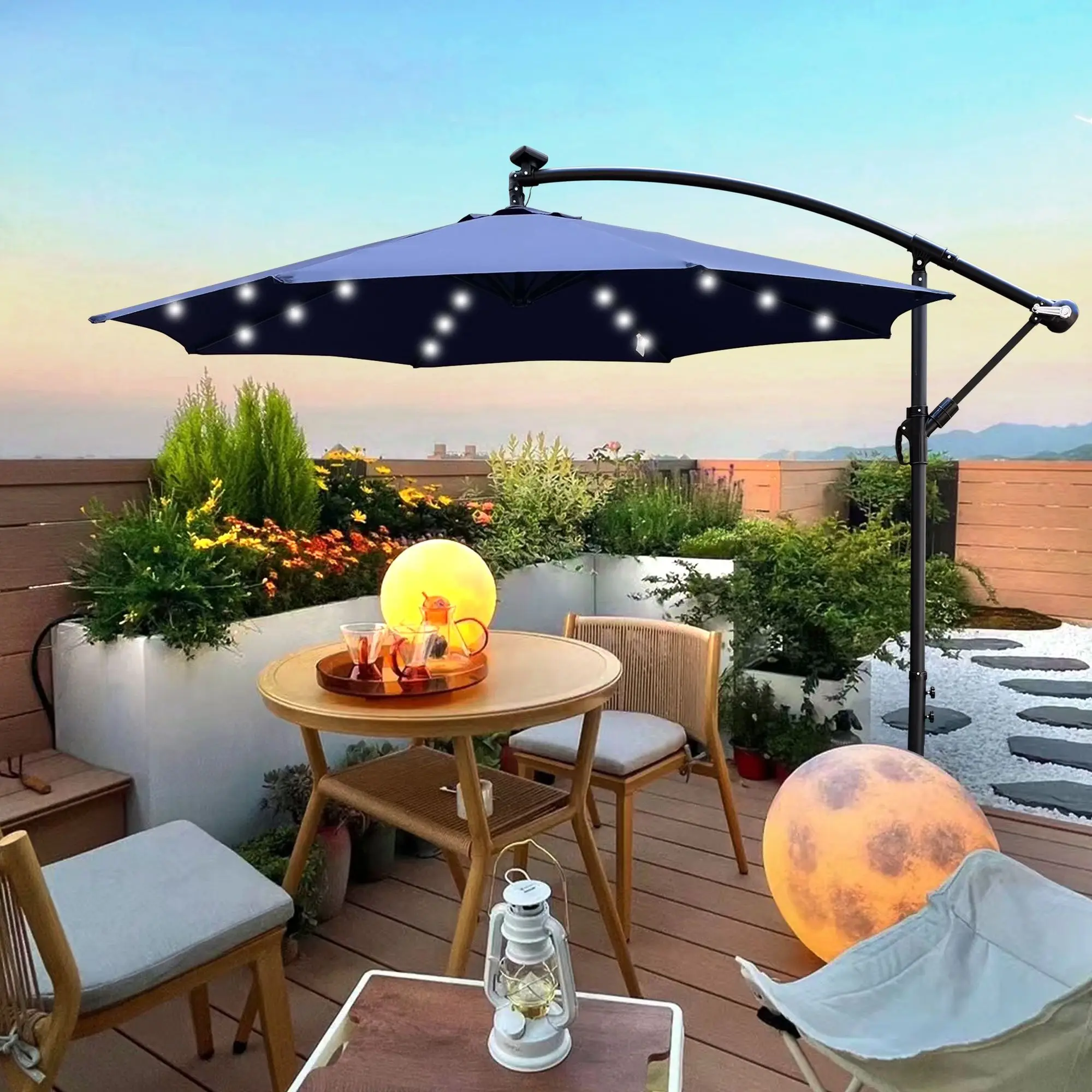 

10 ft Outdoor Patio Umbrella Solar Powered LED Lighted Sun Shade Market Waterproof 8 Ribs Umbrella with Crank and Cross Base