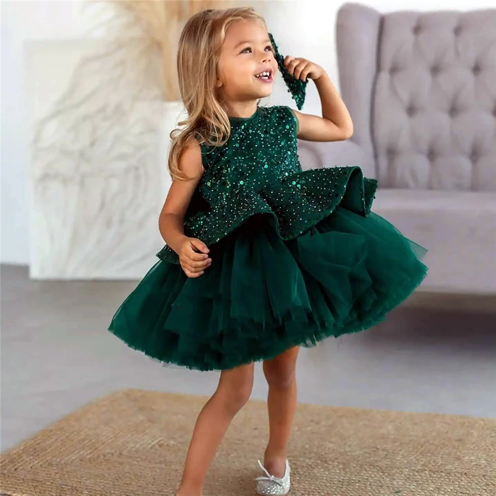 

Elegant Puffy Flower Girl Dress For Wedging Tulle Tiered With Bows Glitter Sequins knee Length Kids Birthday Gift Pageant Ball