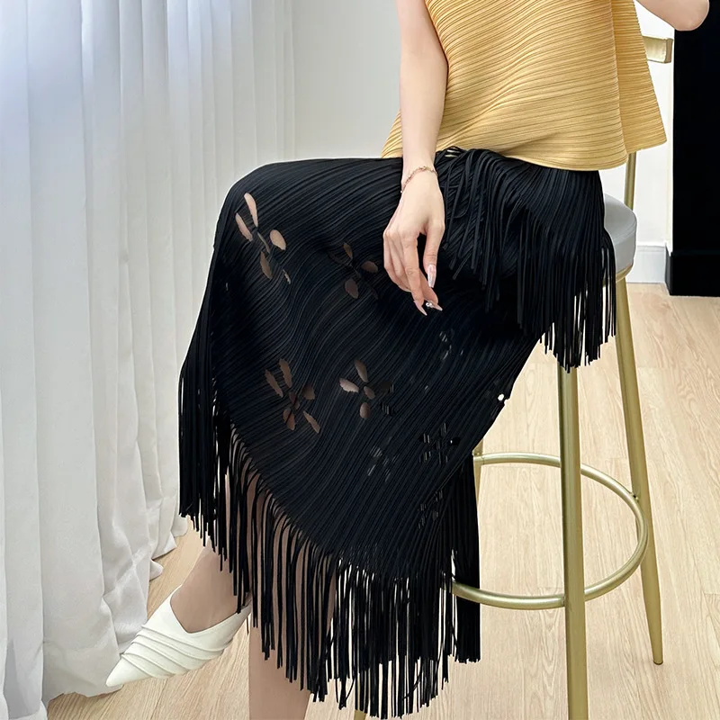 Miyake Style Comfortable Casual Burnt Flower Slim Fit Elegant Fashion Pleated Tassel Skirt Women 2024 Summer New Style