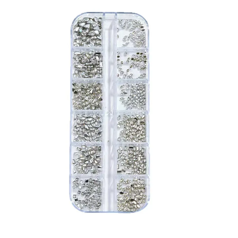 12-Grid Internet Celebrity Super Shiny Nail Rhinestone Set Mini Faceted Zircon Pointed & Round Irregular Nail Art Decorations
