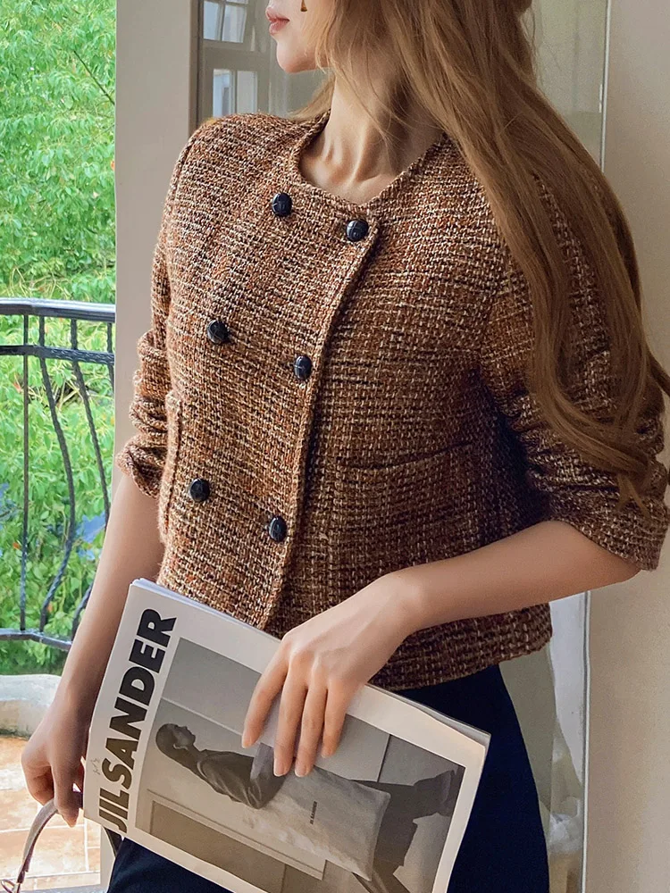 Dabuwawa Double Breasted Tweed Coat Vintage Women 2023 New Collection O Neck Jacket Light Weight Fancy Suiting DM1COT019